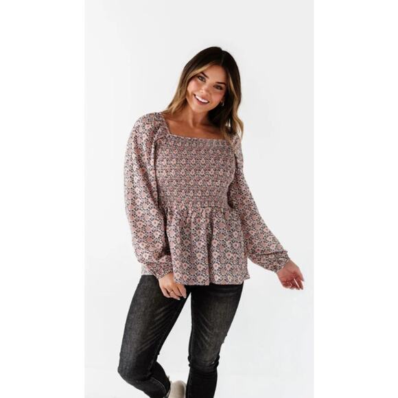 Hayden Tops - Hayden Smocked Puff Sleeve Floral Print Square Neck Peplum Blouse Women Sz S